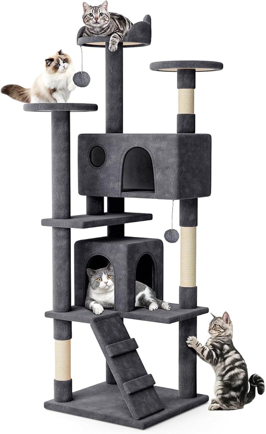 MoNiBloom 77 Inch Cat Tree Tower for Indoor Cats Large Adults, Tall Cat Tower with Scratching Post, Multi-Level Furniture Activity Center with Cat Condo Pet Play House, Smoky Grey
