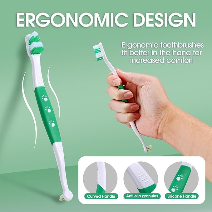 Dog Toothbrush – Newly Upgraded Dual-Head Design with 60° Wavy Bristles – Gently Surrounds Teeth for Deep Cleaning and Plaque Removal – Non-Slip Handle, Ideal for Daily Pet Dental Care (Green, 2-Pack)