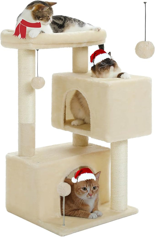 32" Cat Tree Tower for Indoor Cats - 2 Cozy Condos, Multi-Level Cat Scratching Posts with Sisal, Soft Padded Perch, 2 Dangling Toys, Beige