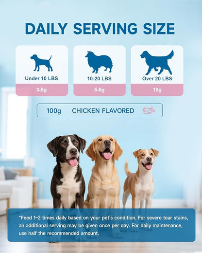 Dog Tear Stain Supplement - Tear Stain Remover for Dogs, Eye Vision & Immune Support, Lutein,Chamomile, Vitamin, Probiotic,100g, Chicken Flavor, Tear Stain Supplement for White Dog