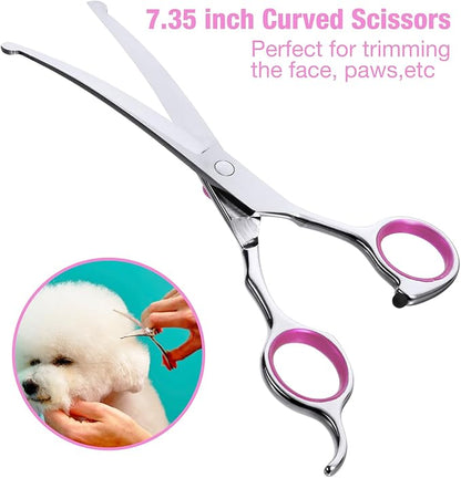 Dog Grooming Scissors Kit with Safety Round Tips, 3 in 1 Professional Dog Grooming Scissors, 4CR Stainless Steel Pet Grooming Shears, Sharp and Durable, Pink