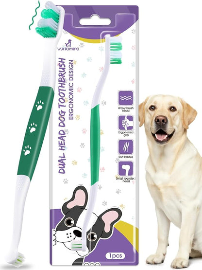 Dog Toothbrush – Newly Upgraded Dual-Head Design with 60° Wavy Bristles – Gently Surrounds Teeth for Deep Cleaning and Plaque Removal – Non-Slip Handle, Ideal for Daily Pet Dental Care (Green, 1-Pack)