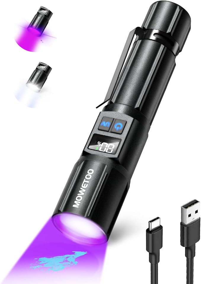 Black Light Flashlight, UV Light USB C Rechargeable with LCD Display, Zoomable Woods Lamp 2N1, 395NM Blacklight for Pet Urine Detection, Resin Curing, Rocks, Travel, Minerals, Scorpion, Glass, Leak