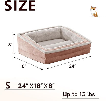 Cat Couch for Pets, Washable Cat Beds for Indoor Cats, Super Soft Plush Supportive Dog Couch Bed for Puppy and Kitten with Anti-Slip Bottom, 24inch, Pink