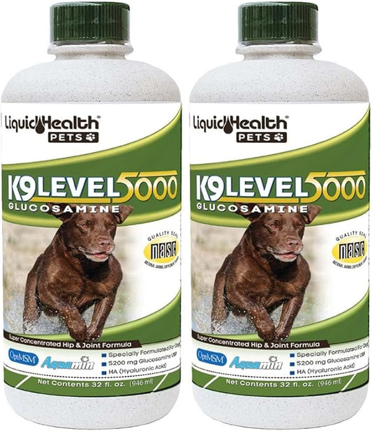 LIQUIDHEALTH Pets K9 Liquid Glucosamine Level 5000 for Large Dogs with Chondroitin, MSM, Boswellia Serrata - Dog Hip & Joint Health Vitamins for Dog Joint Pain, Pet Joint Oil Juice - USA Made (2 Pack)