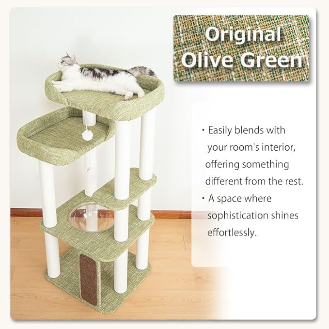 53'' Cat Tree for Large Cat, Modern Senior Friendly Cat Tower with Wide Shelves Low Step, Cotton Scratching Posts, Super Sturdy Base, Cozy Perches, and Interactive Toys (Green)