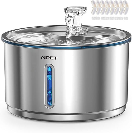 NPET Stainless Steel Cat Water Fountain, 1Gallon/135oz Automatic Pet Drinking Fountain Dog Water Dispenser with 8 Replacement Filters for Cats Indoor