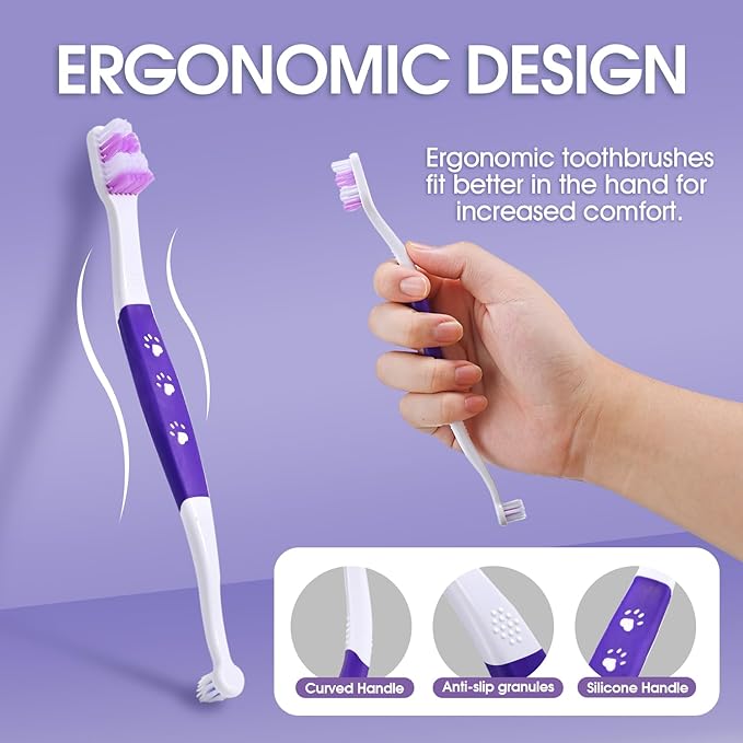 Dog Toothbrush – Newly Upgraded Dual-Head Design with 60° Wavy Bristles–Gently Surrounds Teeth for Deep Cleaning and Plaque Removal – Non-Slip Handle, Ideal for Daily Pet Dental Care (Purple, 1-Pack)