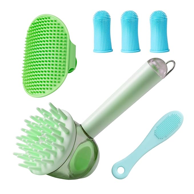 6-Piece Pet Grooming Set – Includes Dog Bath Brush with Shampoo Dispenser, Cat Chin Cleaner, Toothbrushes & Glove Massage Brush for Dogs and Cats (Green)