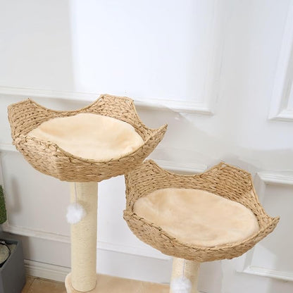 SHENGOCASE Cat Tree Tower with Rattan Wicker Basket, 2 Large Nest Baskets Bed, Window Perch for Large Cats up to 25 lbs