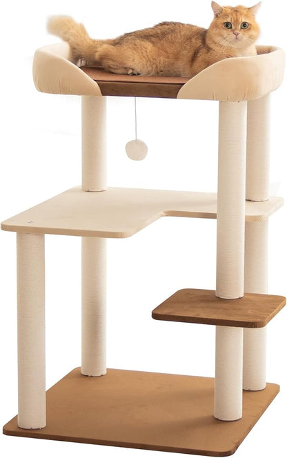 Cat Tree for Large Cats, Modern Senior Friendly Cat Tower with Wide Shelves, Cotton Scratching Posts, Super Sturdy Base, Cozy Perches, and Interactive Toys for Indoor Kittens, 37.4'' Cream