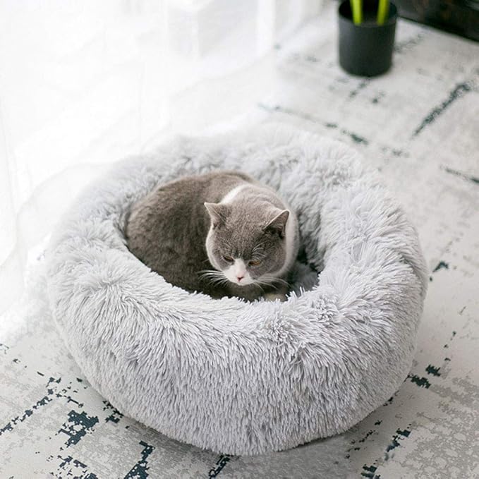 BODISEINT Modern Soft Plush Round Pet Bed for Cats or Small Dogs, Mini Medium Sized Dog Cat Bed Self Warming Autumn Winter Indoor Snooze Sleeping Cozy Kitty Teddy Kennel (20'' D x 8'' H, Light Grey)
