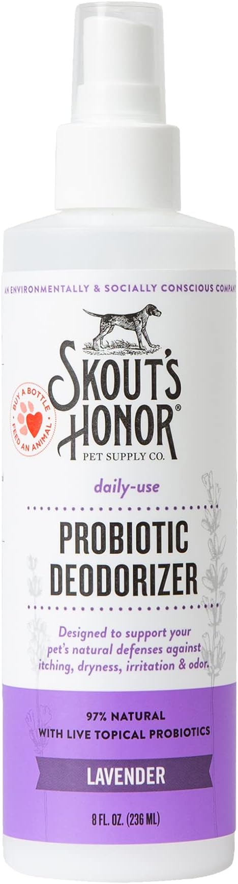 SKOUT'S HONOR Pet Deodorizer Spray- Hydrating Daily-Use with Avocado Oil & Omega-3s, Microbiome Friendly Certiified, Paraben & Sulfate-Free, 97% Natural, 8oz, Lavender