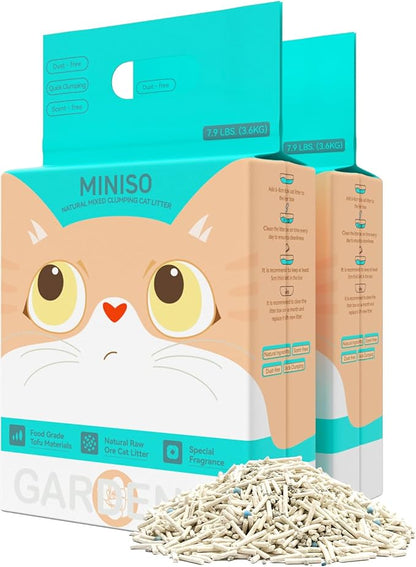 MINISO Clumping Cat Litter, Tofu+Bentonite+Cassava, Odor Control, Rapid Clumping, Water Absorbent and Toilet Flushable, Multi-Cat, Gardenia Style, 15.8lb (2 Pack of 7.9lb Bags)