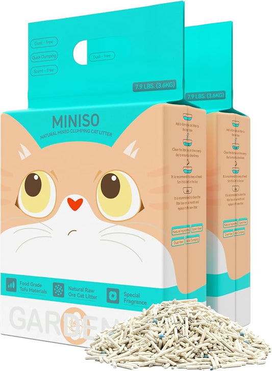 MINISO Clumping Cat Litter, Tofu+Bentonite+Cassava, Odor Control, Rapid Clumping, Water Absorbent and Toilet Flushable, Multi-Cat, Gardenia Style, 15.8lb (2 Pack of 7.9lb Bags)