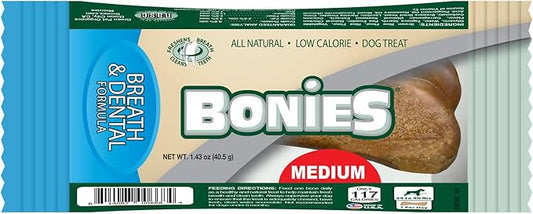 Bonies Natural Breath and Dental Formula Medium-Sized Single Bone - All-Natural Ingredients, Fresh Breath, Cleans Teeth, Low Calories, Chicken Flavor, Medium Dogs, 1 Bone