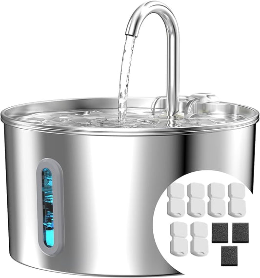 Cat Water Fountain Stainless Steel: 74oz/2.2L Cat Fountain for Drinking - Pet Water Fountain for Cats Inside - Automatic Dog Water Dispenser Bowl Feeding & Watering Supplies 6 Filters 3 Sponges