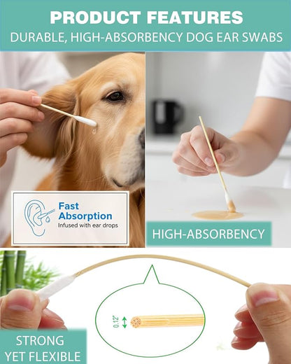 Dog Ear Swabs, 800 Count – 4.72 Inch Bamboo Cotton Swabs with Large Lint-Free Absorbent Tips for Medium Dogs, Wax Removal & Daily Grooming, Eco-Friendly, 16 Resealable Bags