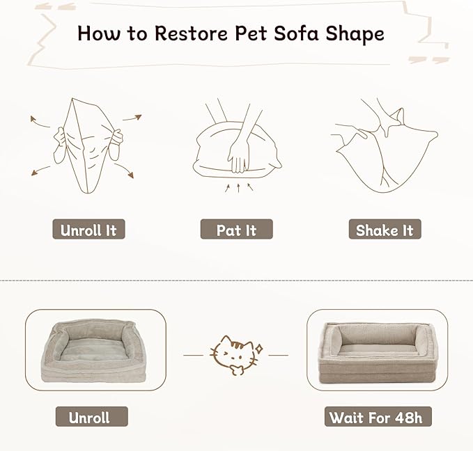 Cat Couch for Pets, Washable Cat Beds for Indoor Cats, Super Soft Plush Supportive Dog Couch Bed for Puppy and Kitten with Anti-Slip Bottom, 26inch, Beige
