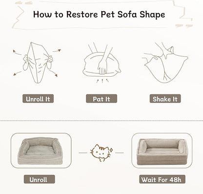 Cat Couch for Pets, Washable Cat Beds for Indoor Cats, Super Soft Plush Supportive Dog Couch Bed for Puppy and Kitten with Anti-Slip Bottom, 26inch, Beige