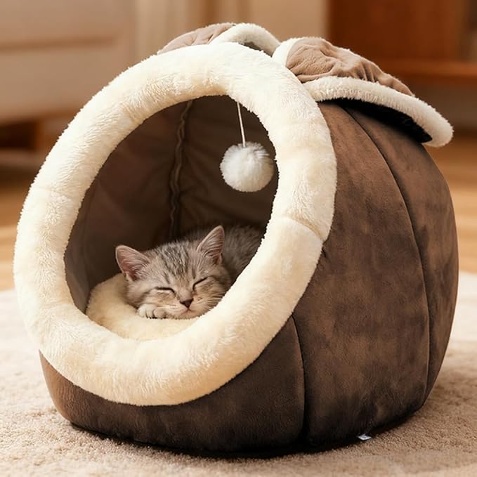 Lcybem Cat Beds for Indoor Cats - Rabbit-Shaped Cat Cave Bed with Hanging Toy,Super Soft Calming Pet Bed for Kitten,Small Dog