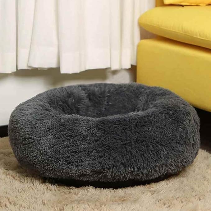 BODISEINT Faux Fur Dog Bed Cat Bed,Shag Round Anti-Anxiety Pet Calming Bed Doughnut Cuddler for Medium Large Puppy Dog Cat Kennel Cushion Self Warming Bed (28'' D x 8'' H, Dark Grey)