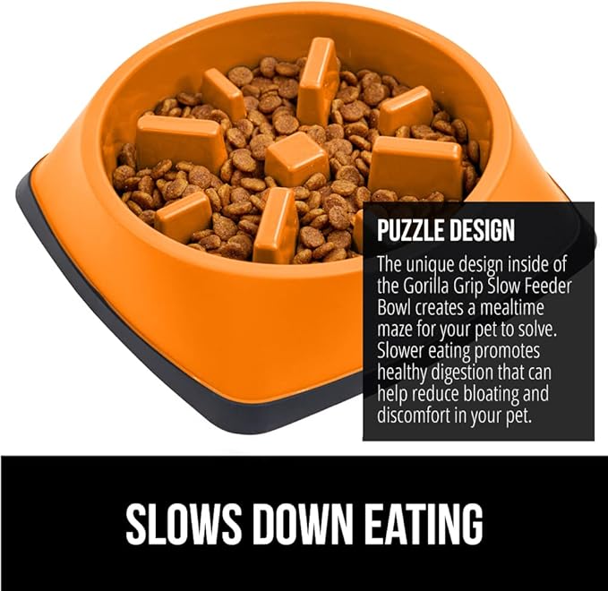 GORILLA GRIP Patent Pending Slow Feeder Dog Bowls, 4 Cup Interactive Puzzle Toy for Dogs and Cats Food Training, Keeps Pets Busy and Prevents Puppy Overeating, All Breeds, 100% BPA Free, Orange