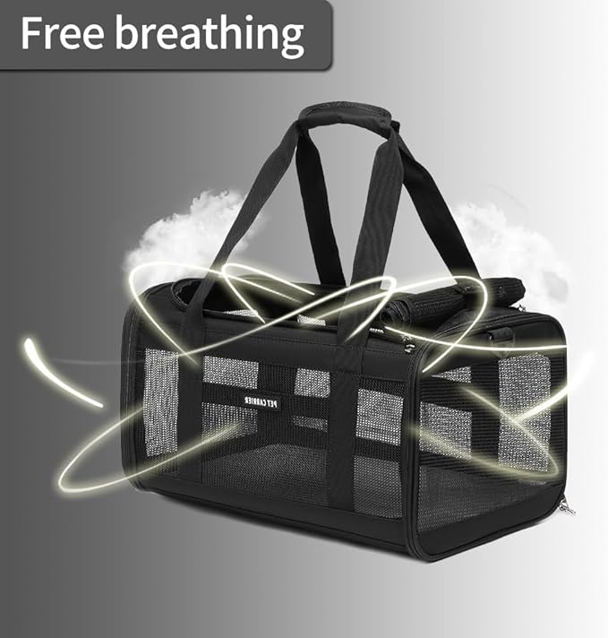 Airline Approved Pet Carrier for Cats and Small Dogs up to 15 lbs, Breathable Mesh and Collapsible Design, Portable Travel Bag for Bearded Dragon, Puppies Animal Hangbag, Rabbit Cage (Black, Small)