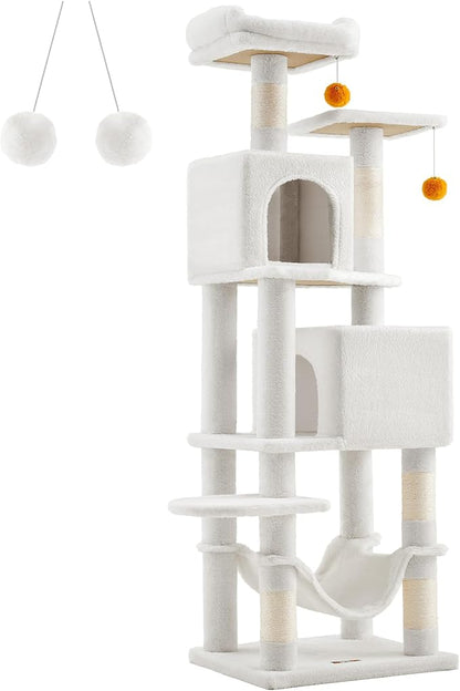 Feandrea Cat Tree, 61-Inch Cat Tower for Indoor Cats, Plush Multi-Level Cat Condo with 5 Scratching Posts, 2 Perches, 2 Caves, Hammock, 2 Pompoms, Cream White UPCT192T01