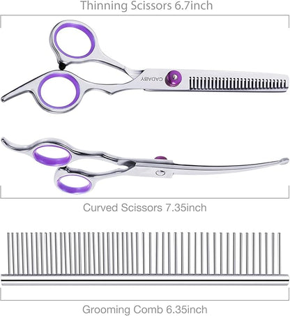 Professional Dog Grooming Scissors with Safety Round Tips, 3 in 1 Dog Grooming Scissors Kit, 4CR Stainless Steel Pet Grooming Shears, Sharp and Sturdy, Purple