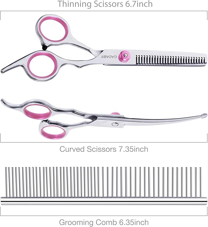 Dog Grooming Scissors Kit with Safety Round Tips, 3 in 1 Professional Dog Grooming Scissors, 4CR Stainless Steel Pet Grooming Shears, Sharp and Durable, Pink