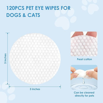 Pet Eye Wipes for Dogs Cats 120PCS, Dog Eye Wipes for Remove Eye Discharge and Crust Coconut Oil Non-Irritating Gentle Reduce Tear Stains Pet Cleaning Grooming Wipes for Eyes Face