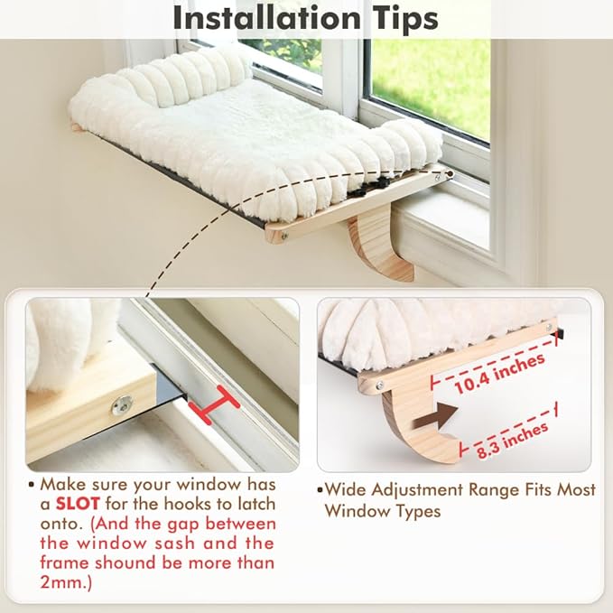 Cloud-Soft Cat Window Sill Perch with Zipper Designed Cushioned Bed, Supportive Cat Window Seat with Premium Solid Wood & Sturdy Metal Frame, Pet Hammock Bed for Large Cats (Large, White)