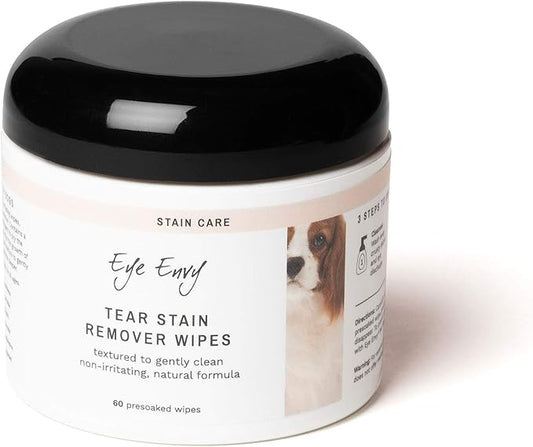 Eye Envy Tear Stain Wipes for Dogs. Textured to Gently Clean. Presoaked in 100% Natural Formula. Recommended by AKC Breeders, Vets, Groomers. Treats The Cause of Staining. USA Made. 60 Dog Eye Wipes
