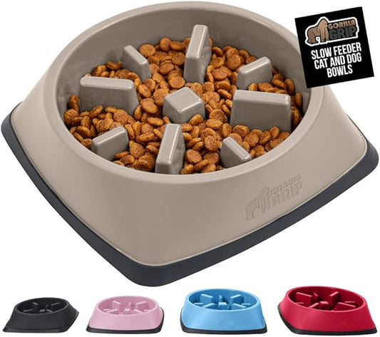 GORILLA GRIP Patent Pending Slow Feeder Dog Bowls, Interactive Puzzle Toy for Dogs and Cats Food Training, Keeps Pets Busy and Prevents Puppy Overeating, All Breeds, 100% BPA Free, 2 Cup, Beige