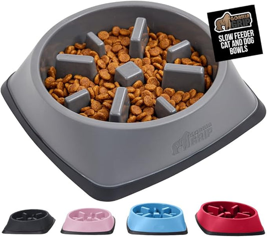 GORILLA GRIP Patent Pending Slow Feeder Dog Bowls, Interactive Puzzle Toy for Dogs and Cats Food Training, Keeps Pets Busy and Prevents Puppy Overeating, All Breeds, 100% BPA Free, 1 Cup, Gray