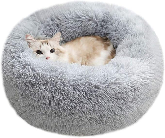 BODISEINT Modern Soft Plush Round Pet Bed for Cats or Small Dogs, Mini Medium Sized Dog Cat Bed Self Warming Autumn Winter Indoor Snooze Sleeping Cozy Kitty Teddy Kennel (24'' D x 8'' H, Light Grey)