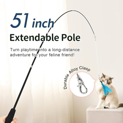 SONGWAY Cat Wand Toys for Indoor Cats - Cat Toy Set with Retractable Teaser Wand and 6 PCS Fairy Feather Toy Refills, Dragonfly Tassel Plush Cat Toys Interactive, Blue