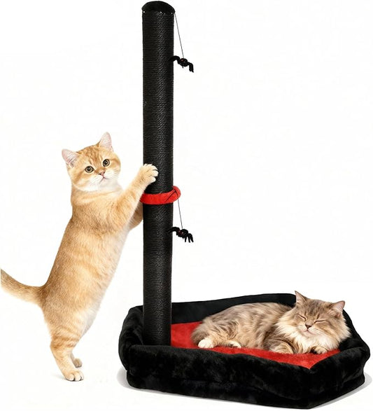 Gothic Cat Scratching Post with Bed, 34" Tall Cat Scratcher for Indoor Cats - Modern Sisal Scratch Post with Spider Dangling Toys for Kittens and Adult Cats