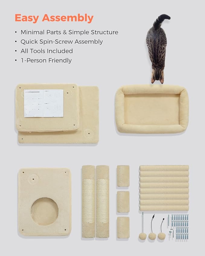 XL Cat Tree 44" Cat Tower for Large Cats 20 lbs+, 2 Spacious Caves with 3.4" Thickened Scratching Post, Large Top Perch, 2 Interactive Toys, Beige