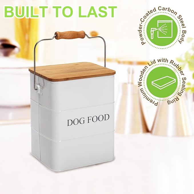 Dog Food storage container Dog Treats Jar,5~6 lb Metal food treats tin for Dog, pet snacks Canisters with wooden lid/handle/sevice scoop-White