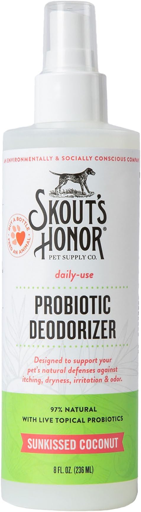 SKOUT'S HONOR Pet Deodorizer Spray- Hydrating Daily-Use with Avocado Oil & Omega-3s, Microbiome Friendly Certiified, Paraben & Sulfate-Free, 97% Natural, 8oz, Sunkissed Coconut