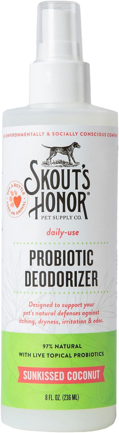 SKOUT'S HONOR Pet Deodorizer Spray- Hydrating Daily-Use with Avocado Oil & Omega-3s, Microbiome Friendly Certiified, Paraben & Sulfate-Free, 97% Natural, 8oz, Sunkissed Coconut