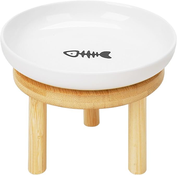Shallow Elevated Cat Bowls with Bamboo Stand, 5.9 Inch Wide Ceramic Cat Dish Whisker Friendly,Pet Food and Water Plates