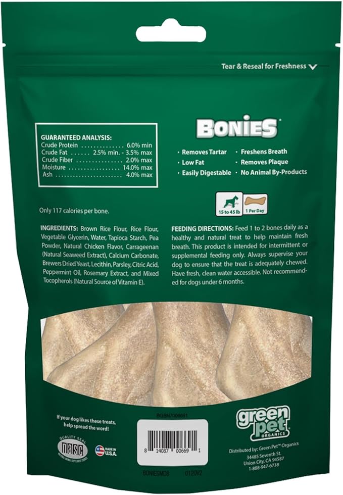 Bonies Breath and Dental Formula Treats for Dogs, All-Natural Ingredients, Fresh Breath, Cleans Teeth, Low Calories, Chicken Flavor - Medium, 8 Bones, 11.45-oz