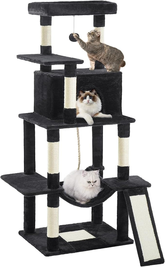 ABCPET Cat Tree Tower 63in Multi-Level Cat Tower for Indoor Cats with Sisal Scratching Posts, Condo, Hammock, Dangling Ball and Extended Platform for Cats to Play, Black