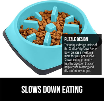 GORILLA GRIP Patent Pending Slow Feeder Dog Bowls, Interactive Puzzle Toy for Dogs and Cats Food Training, Keeps Pets Busy and Prevents Puppy Overeating, All Breeds, 100% BPA Free, 1 Cup, Turquoise
