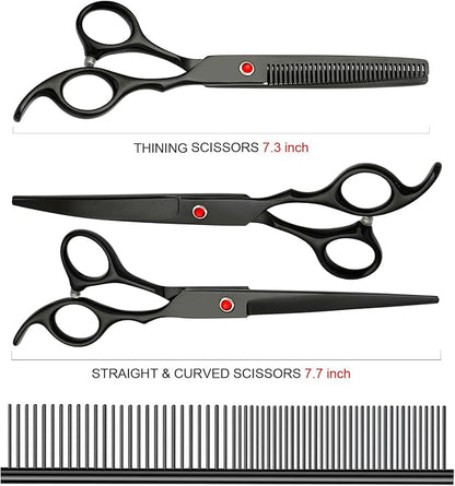 Professional Dog Grooming Scissors Set Stainless Steel Dog Grooming Kit - Thinning, Curved Scissors and Comb for Cat Pet (Black 5 in1)