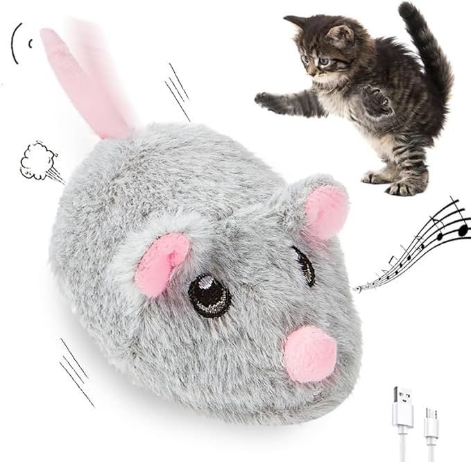 Cat Toys Squeaky Rechargeable Moving Mouse with Dynamic Magic Tail, Automatic Self Play Mouse Interactive Cat Toy for Indoor Cats, Electric Motion Activated Mice Toys for Kitten(Gray)
