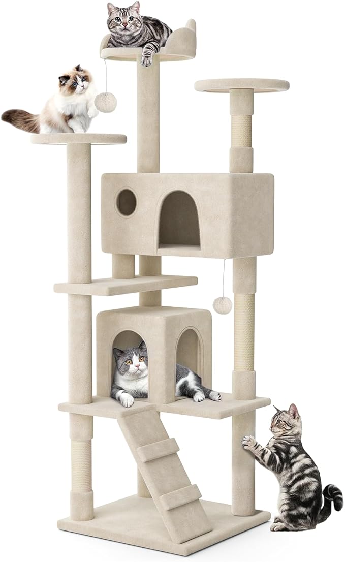MoNiBloom 77 Inch Cat Tree Tower for Indoor Cats Large Adults, Tall Cat Tower with Scratching Post, Multi-Level Furniture Activity Center with Cat Condo Pet Play House, Beige